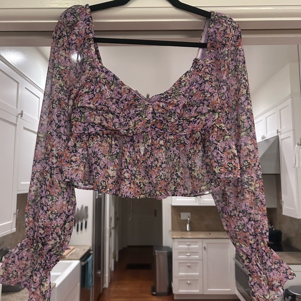 Astr Pink and Purple Ruffled Crop Blouse